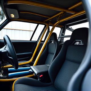 ロールケージが取り付けられたレース準備中の車